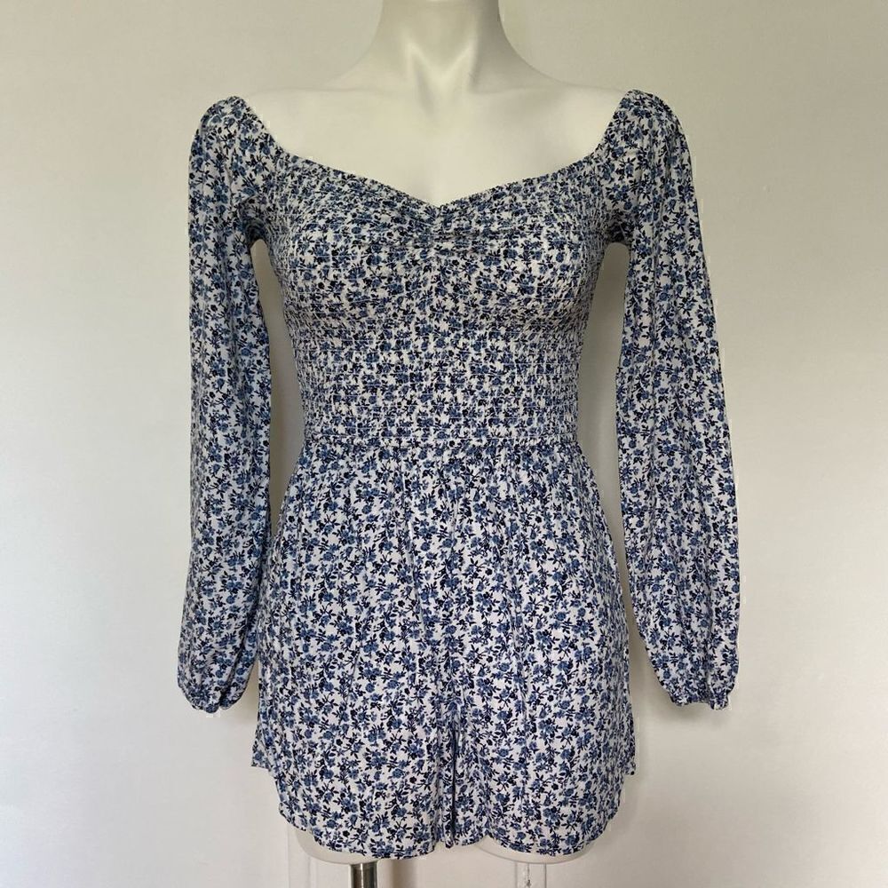Hollister Smocked Long Sleeve Floral Shorts Romper
